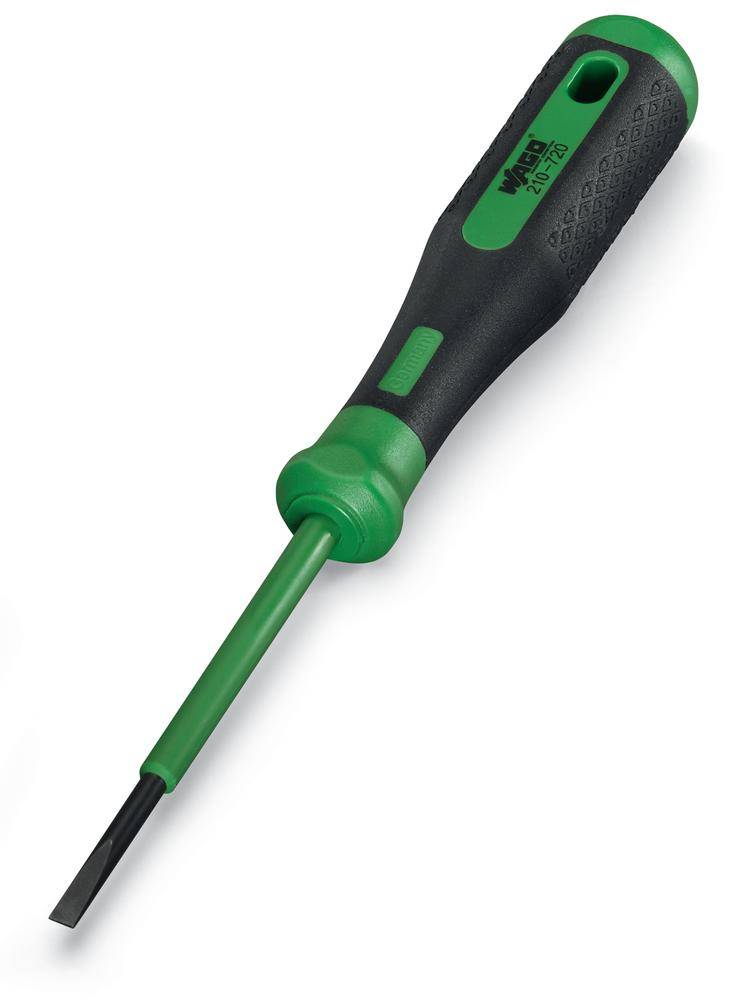 Tournevis noir et vert sur fond blanc.