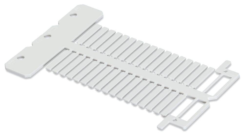 Un peigne en plastique blanc avec des dents larges et uniformes. Adapté à l'utilisation dans une tondeuse à cheveux.