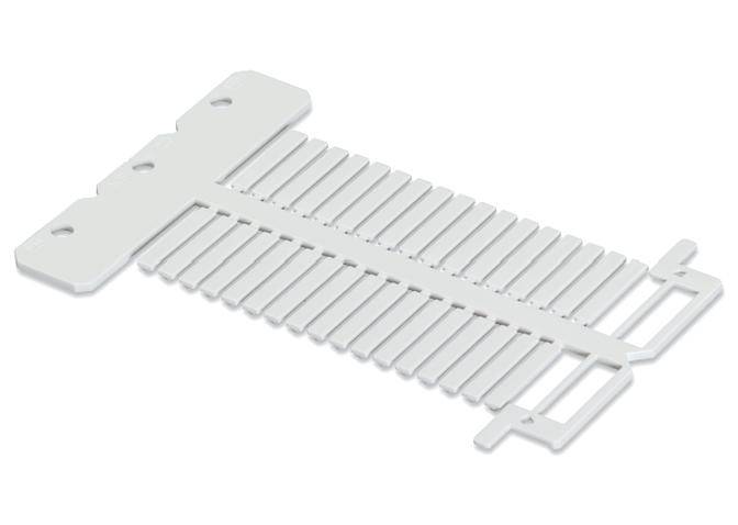 Clip de gestion de câbles en plastique blanc, avec plusieurs fentes pour organiser et ranger les câbles.