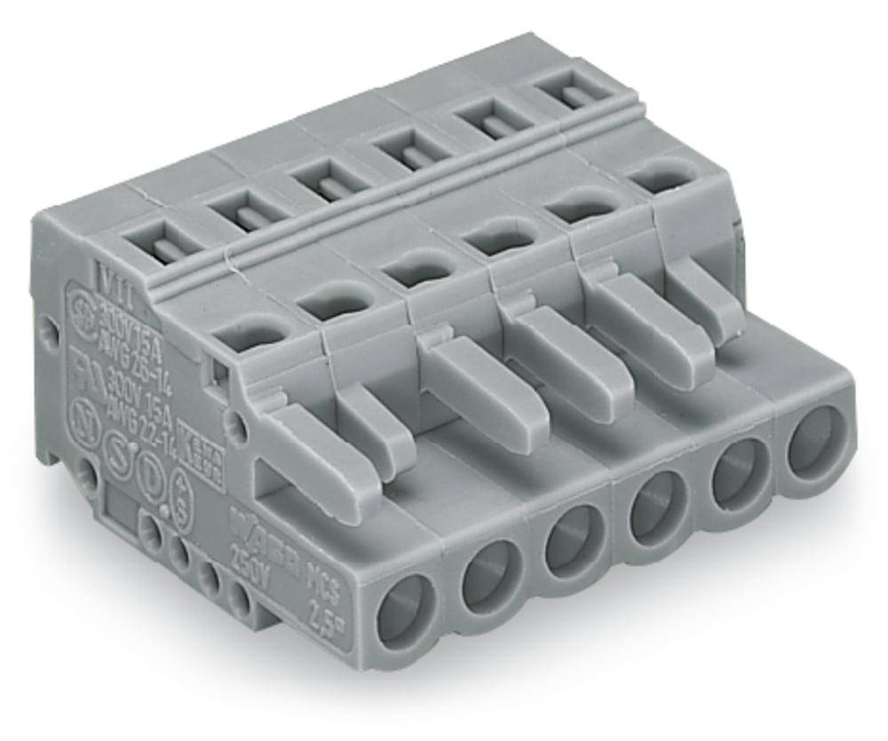 Connecteur multibroche gris avec six ouvertures et étiquetage latéral, adapté aux connexions électriques dans des applications techniques.
