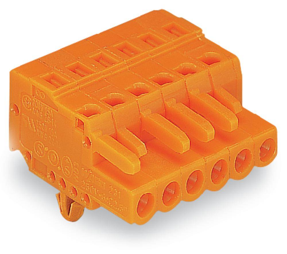 Un connecteur électrique orange à six broches pour connexions de fils, utilisé dans les circuits électriques.