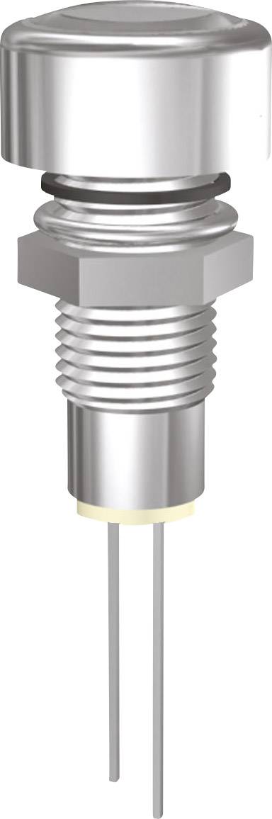 Un bouton-poussoir argenté en métal avec deux fils de connexion, couramment utilisé dans les circuits électroniques pour contrôler les flux de courant.