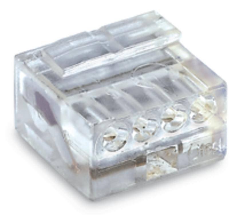 Un connecteur électrique transparent avec cinq points de connexion pour des branchements de câbles simples.