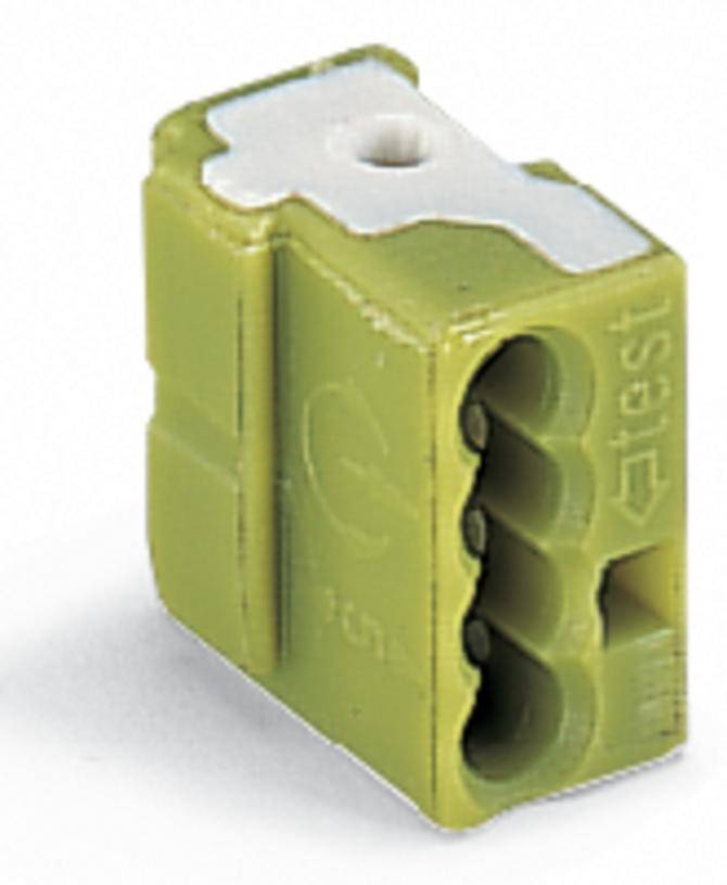 Barrette de connexion électrique verte à quatre emplacements, avec un détail blanc en haut, adaptée pour la connexion de fils électriques.