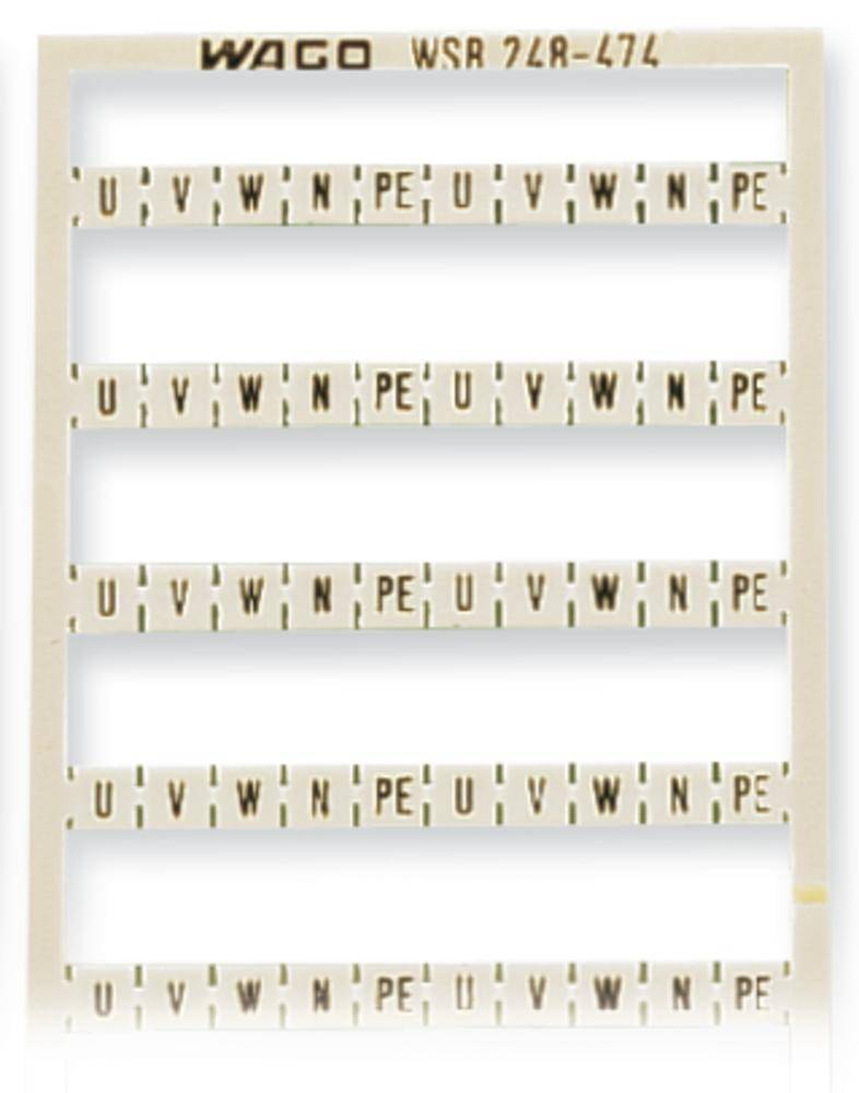 Étiquette de conducteur 'WAGO' adaptée aux blocs de jonction, principalement marquée avec 'U', 'V', 'W', 'N', 'PE'.