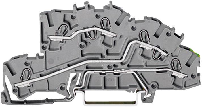 Une barrette de bornes grise avec plusieurs connexions et interconnexions, utilisée pour les raccordements électriques dans les armoires électriques.