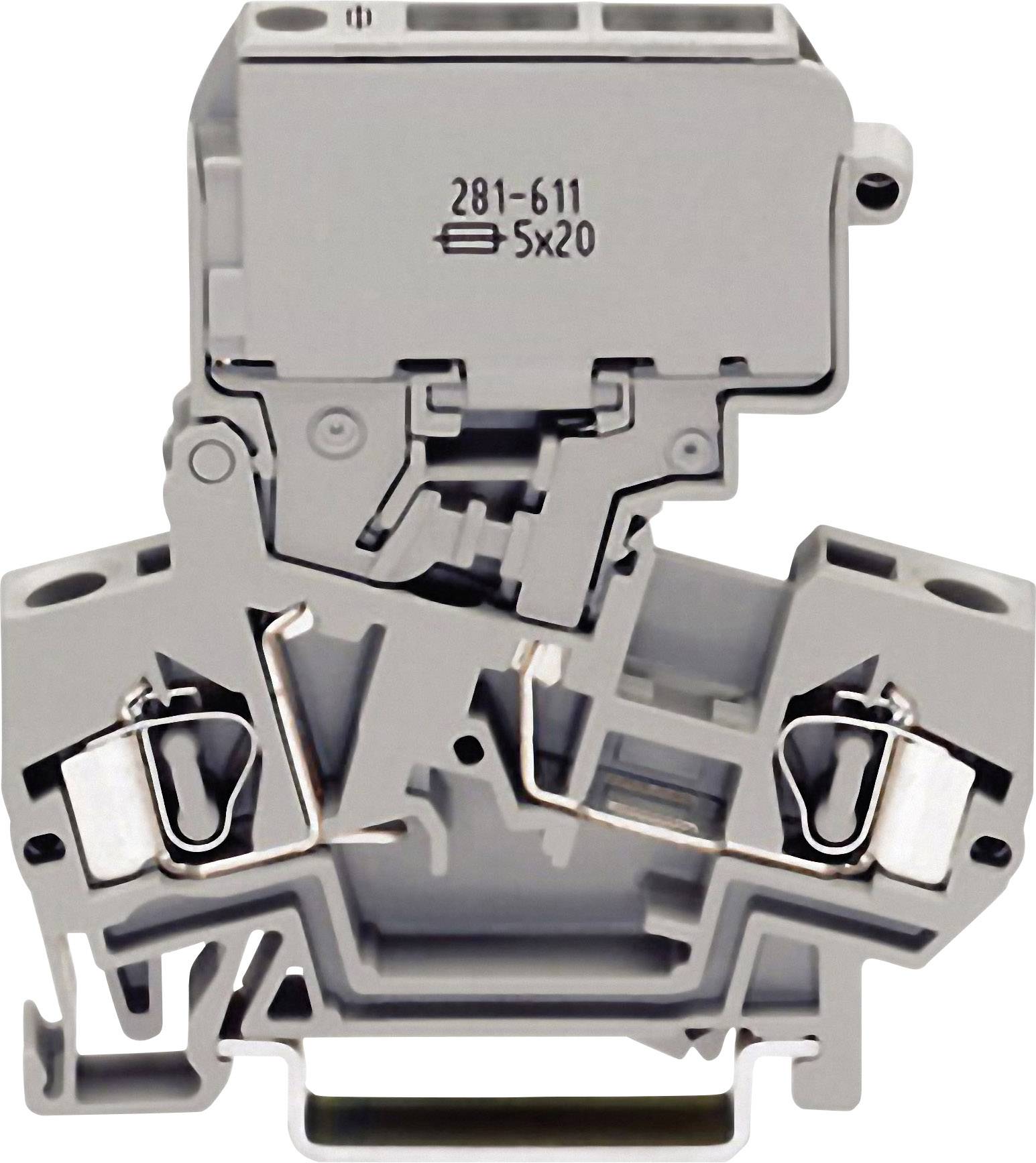 Une barrette de connexion grise avec l'inscription '281-611 5x20', utilisée pour les connexions électriques dans les armoires électriques.