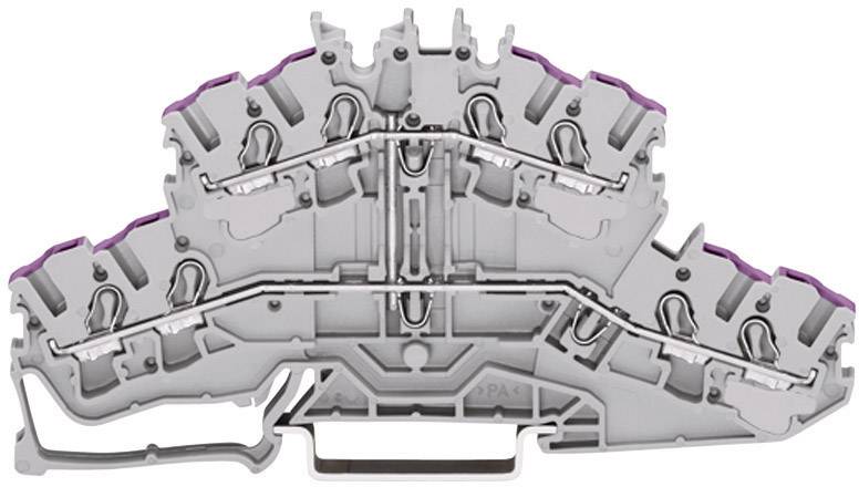 Un composant électrique gris, bombé, avec des zones mises en évidence en violet et plusieurs points de connexion, probablement un bloc de bornes.