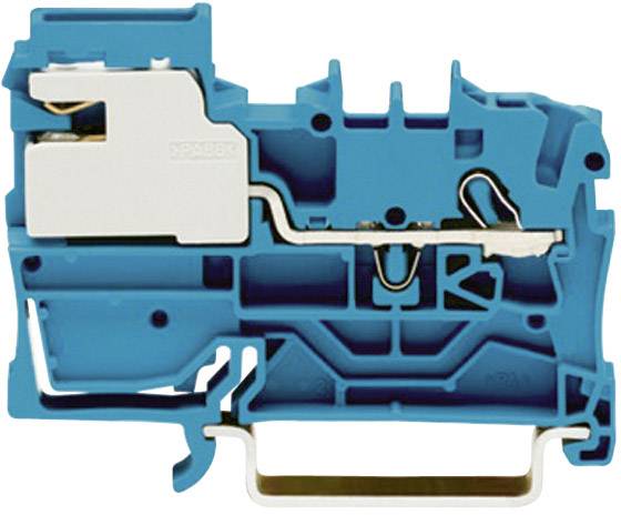 Un bloc de connexion électrique bleu isolé avec des parties conductrices et des connexions métalliques pour la fixation des câbles.