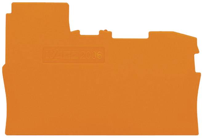 Profilé en plastique orange portant l'inscription « WAGO 2006 », probablement un élément d'un système de connexion ou d'accessoires de tableau de commande.