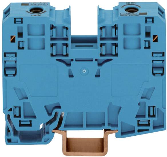 Une borne électrique bleue avec plusieurs connexions enfichables, adaptée à la fixation sur un rail de distribution.