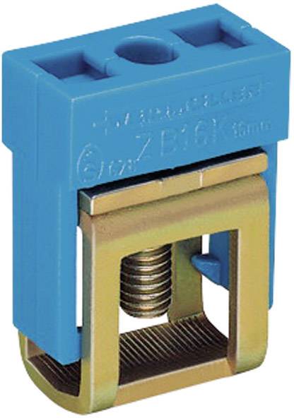 Pince à ressort métallique avec boîtier en plastique bleu, la partie supérieure affiche le code produit 'ZB16X'. Utilisée pour la connexion électrique.