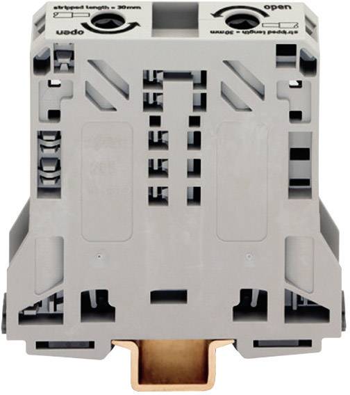 Bloc de bornes électrique, gris, avec indication de longueur de dénudage en haut, bornes ouvertes visibles.