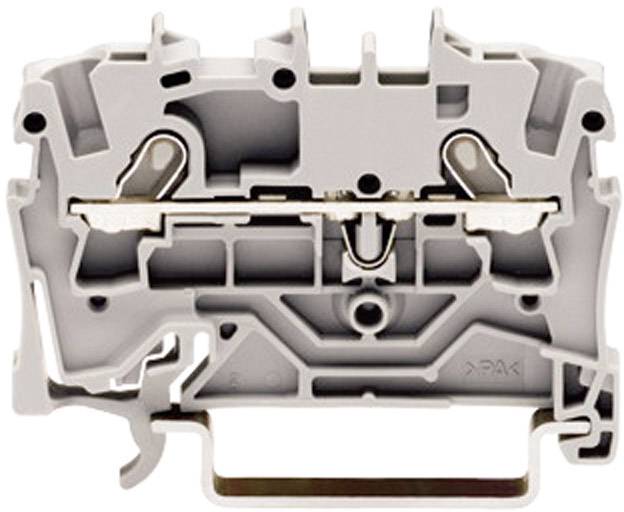 Bloc de bornes électrique gris-blanc avec contacts métalliques, utilisé pour connecter des fils de manière sécurisée dans un armoire électrique.