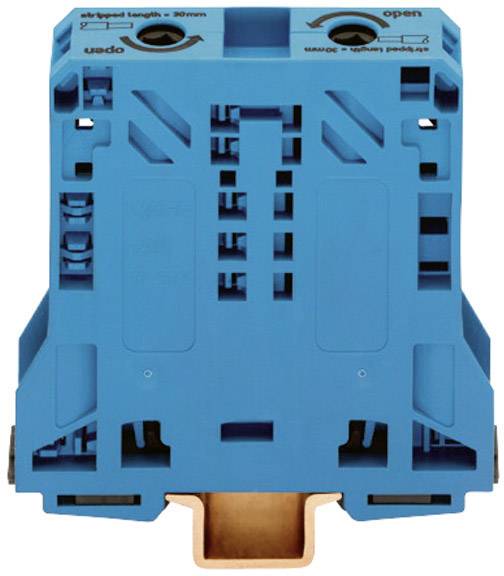 Une borne de connexion bleue pour câblage électrique, design robuste, adaptée au montage sur rail DIN, avec connexion à vis en haut.