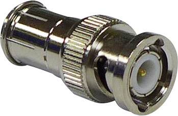 Connecteur BNC métallique en gros plan, adapté pour raccorder des câbles coaxiaux dans les systèmes de transmission vidéo ou de données.
