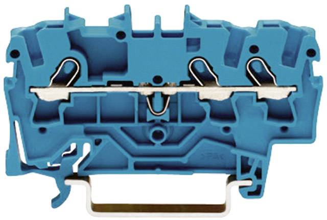 Bloc de jonction électrique bleu avec bornes métalliques, utilisé pour le câblage dans les armoires électriques.