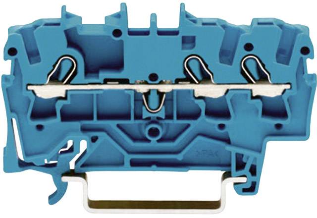 Bloc de bornes électrique à rangée en boîtier bleu avec contacts métalliques et clip de fixation en bas.