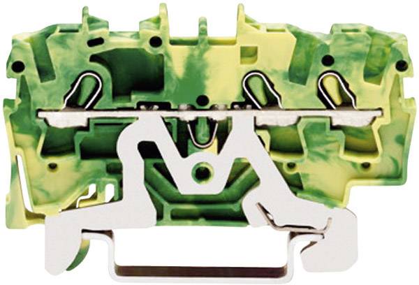 Barrette de connexion électrique en jaune et vert, avec élément de liaison métallique pour boîtes de distribution, destinée à la fixation sécurisée des câbles.