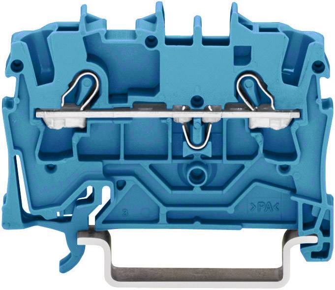 Un bloc de bornes à rangée bleue avec des composants métalliques, adapté au montage sur rail DIN, pour le câblage de connexions électriques.