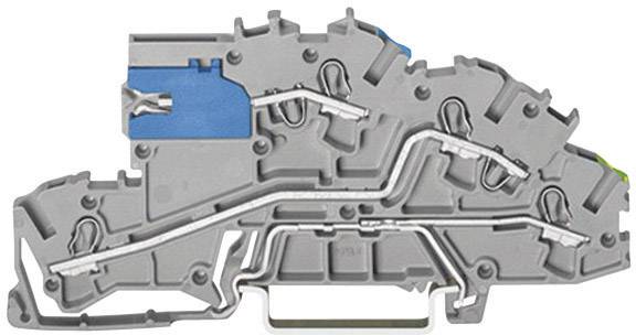 Module de bornes électrique gris-bleu avec plusieurs emplacements et connexions, posé sur une surface blanche.