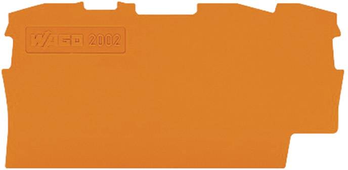 Embout de finition orange portant l'inscription 'WAGO 2002', probablement destiné à la couverture ou à la sécurisation d'une connexion électrique.