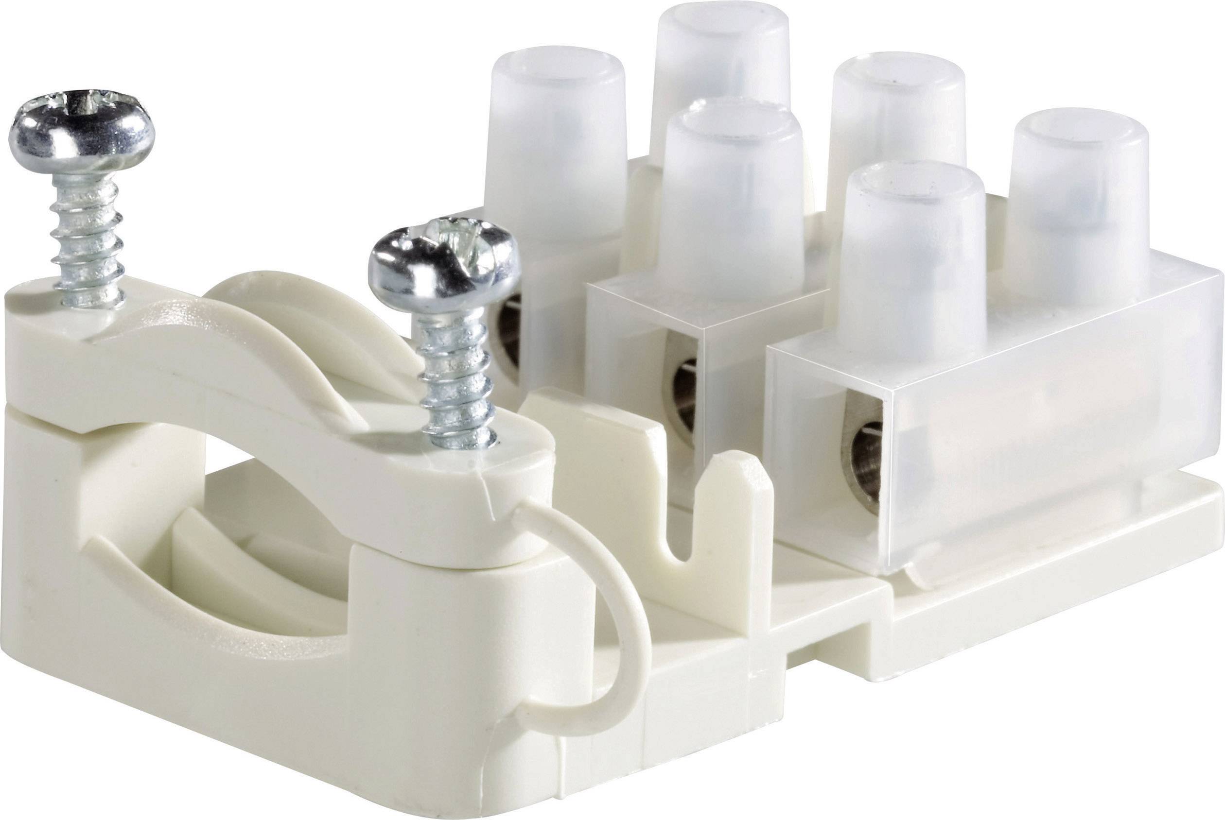 Barrette de connexion blanche à quatre bornes électriques et deux vis apparentes pour la fixation des câbles électriques.