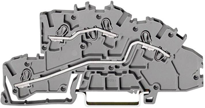 Une barrette de connexion grise avec des bornes métalliques, utilisée dans un coffret électrique pour connecter des câbles électriques.