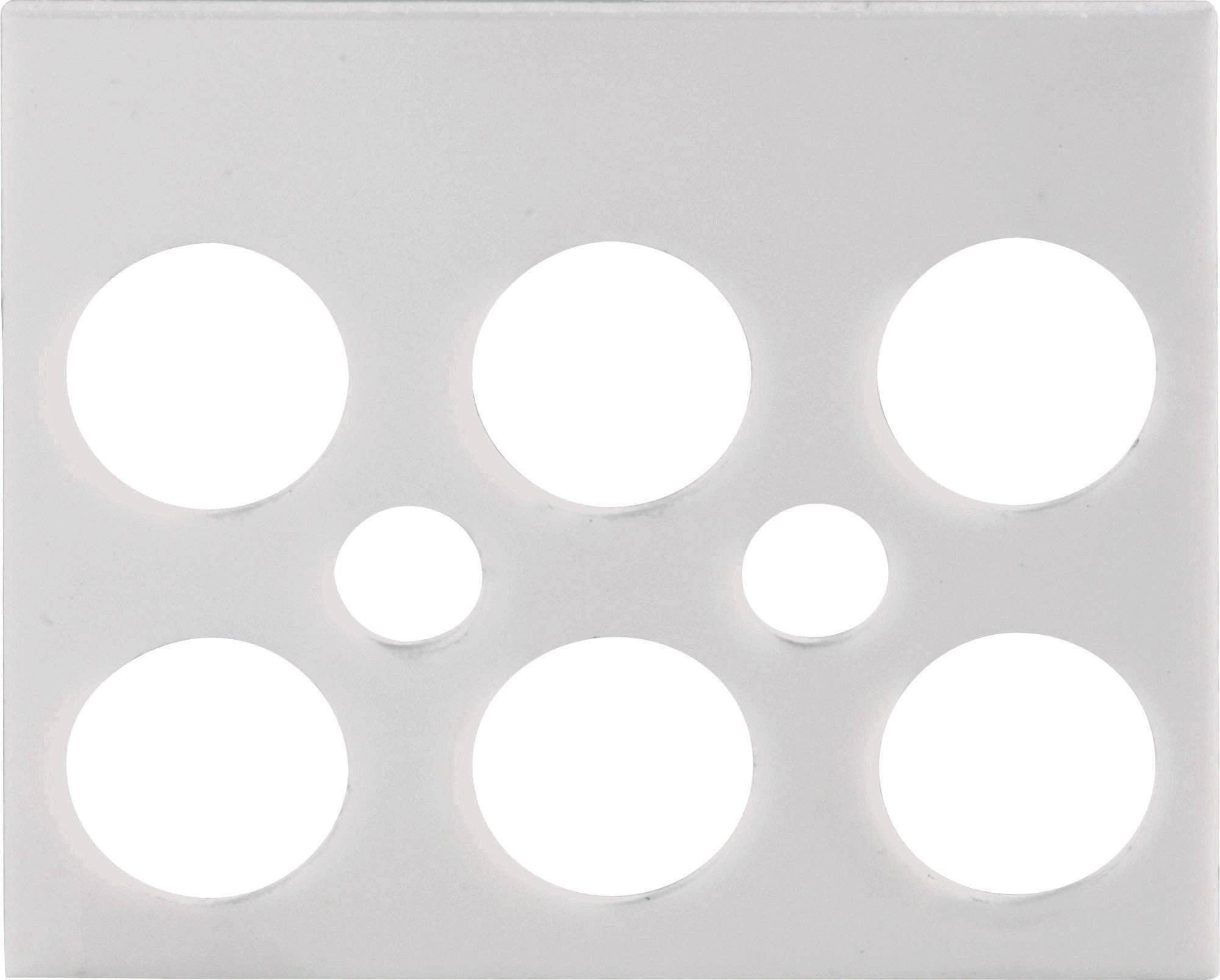 Un rectangle percé de sept trous ronds de tailles différentes, disposés symétriquement sur une surface blanche et lisse.
