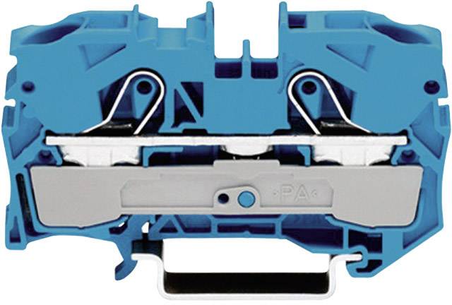 Bloc de connexion électrique en bleu avec des contacts argentés et une barre de montage, utilisé pour connecter des lignes électriques de manière sécurisée.