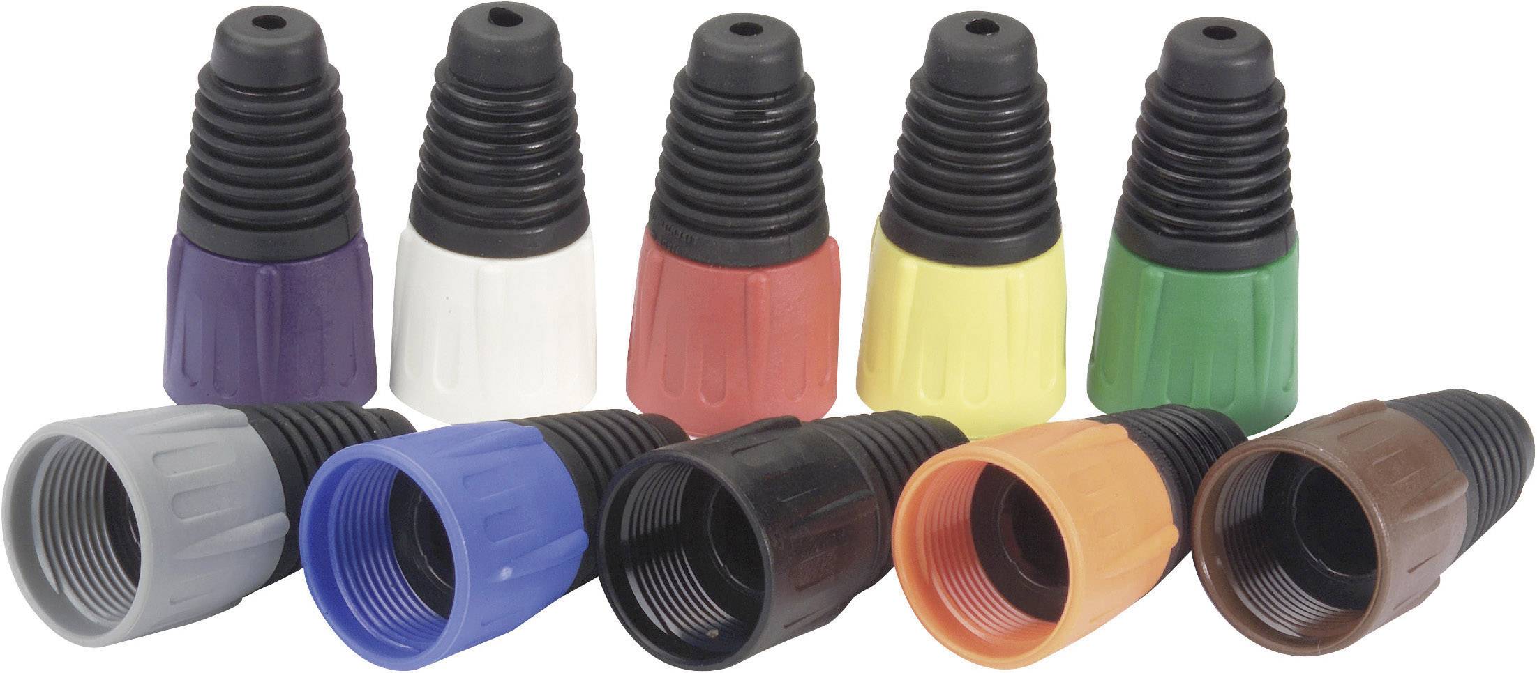 Neuf capuchons de protection de filetage de différentes couleurs (violet, blanc, rouge, jaune, vert, gris, bleu, noir, orange) sont disposés côte à côte.