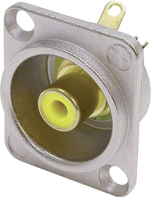 Un connecteur métallique à noyau intérieur jaune, adapté pour les connexions électroniques, montable par quatre trous de fixation.