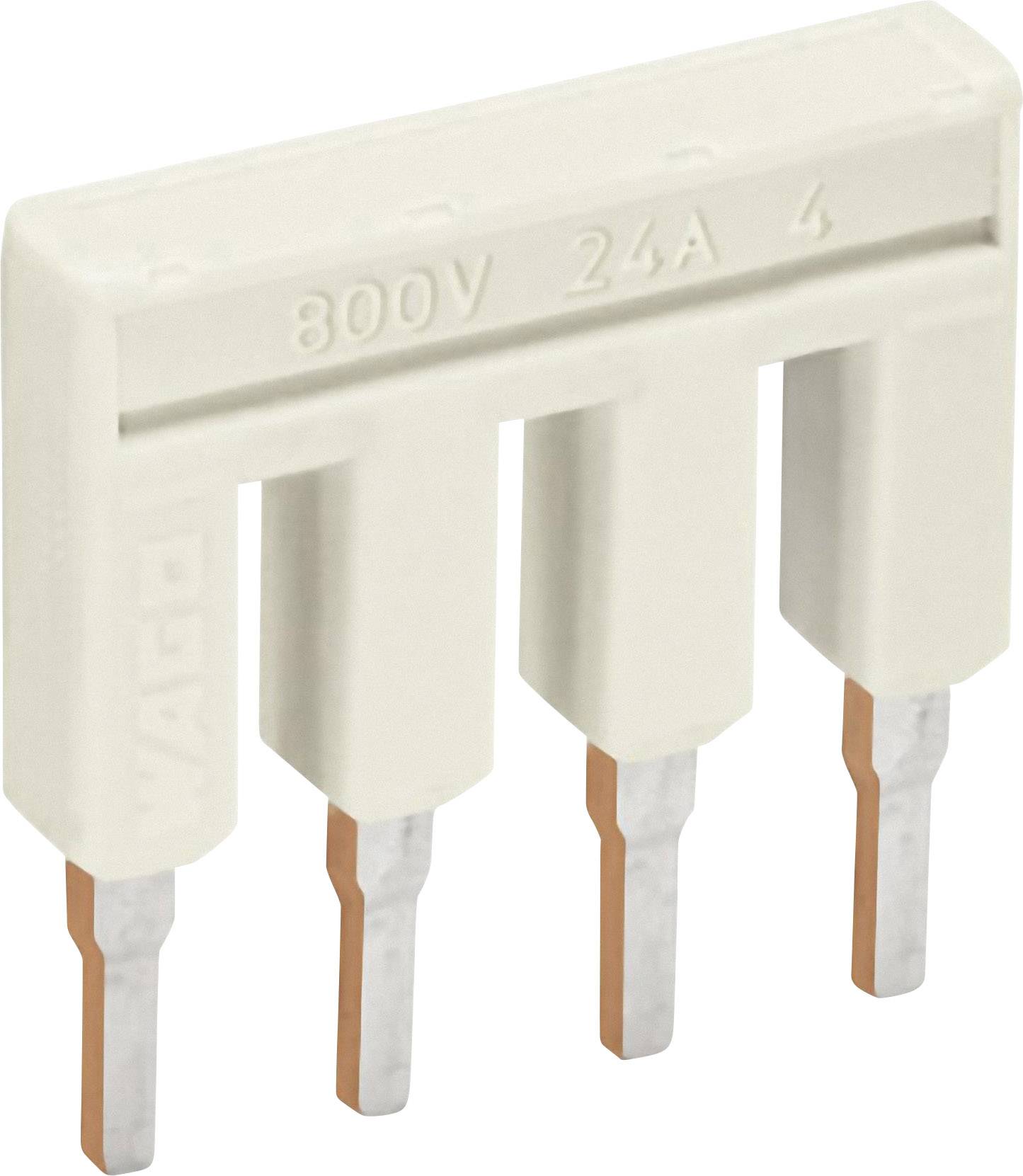 Un connecteur de pont blanc à quatre pôles de marque WAGO, portant l'inscription '800V 24A 4'. Adapté pour les connexions électriques.