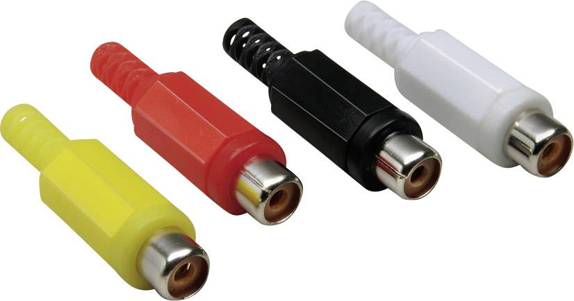Quatre fiches RCA jaune, rouge, noire et blanche côte à côte, pour connexions audio et vidéo, sur fond blanc.