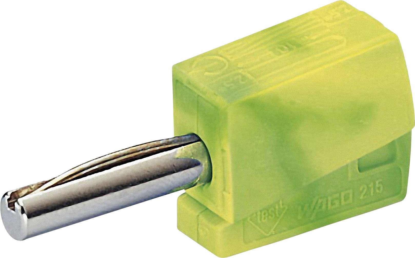Un connecteur en plastique jaune avec un contact métallique, adapté aux applications électriques. Produit de Wago.
