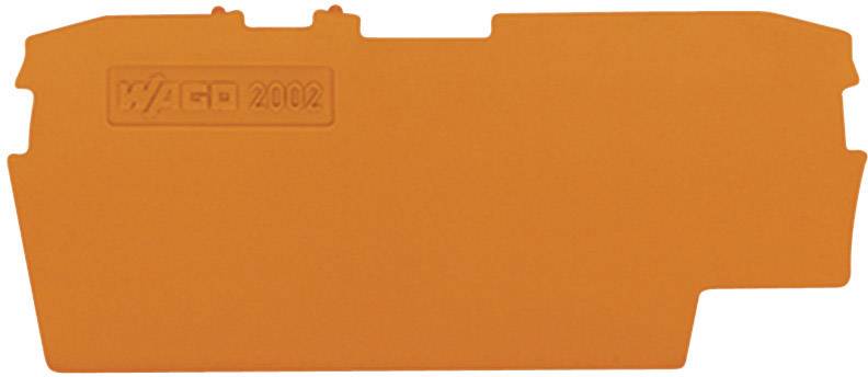 Orange pièce en plastique portant l'inscription 'WAGO 2002', rectangulaire avec des coins arrondis, semblant être un composant technique.