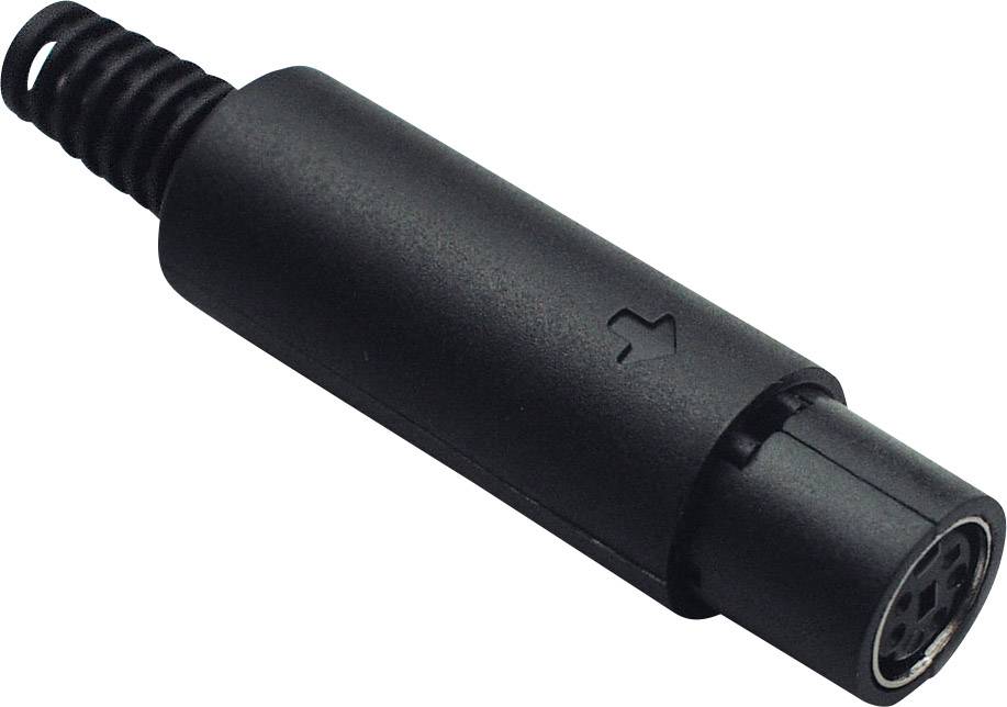 Connecteur noir et rond avec une marque de flèche sur sa surface. Le connecteur possède plusieurs broches et une gaine en caoutchouc à son extrémité.