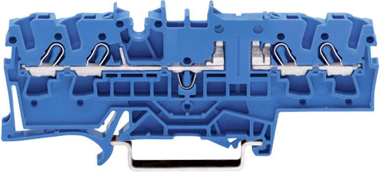 Un bloc de bornes électrique bleu avec des contacts métalliques visibles et une pince de fixation en bas.