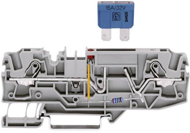 Circuit électronique avec boîtier gris, montrant un fusible, une résistance et une LED rouge. En haut, fusible plat bleu séparé avec l'inscription '15A/32V'.