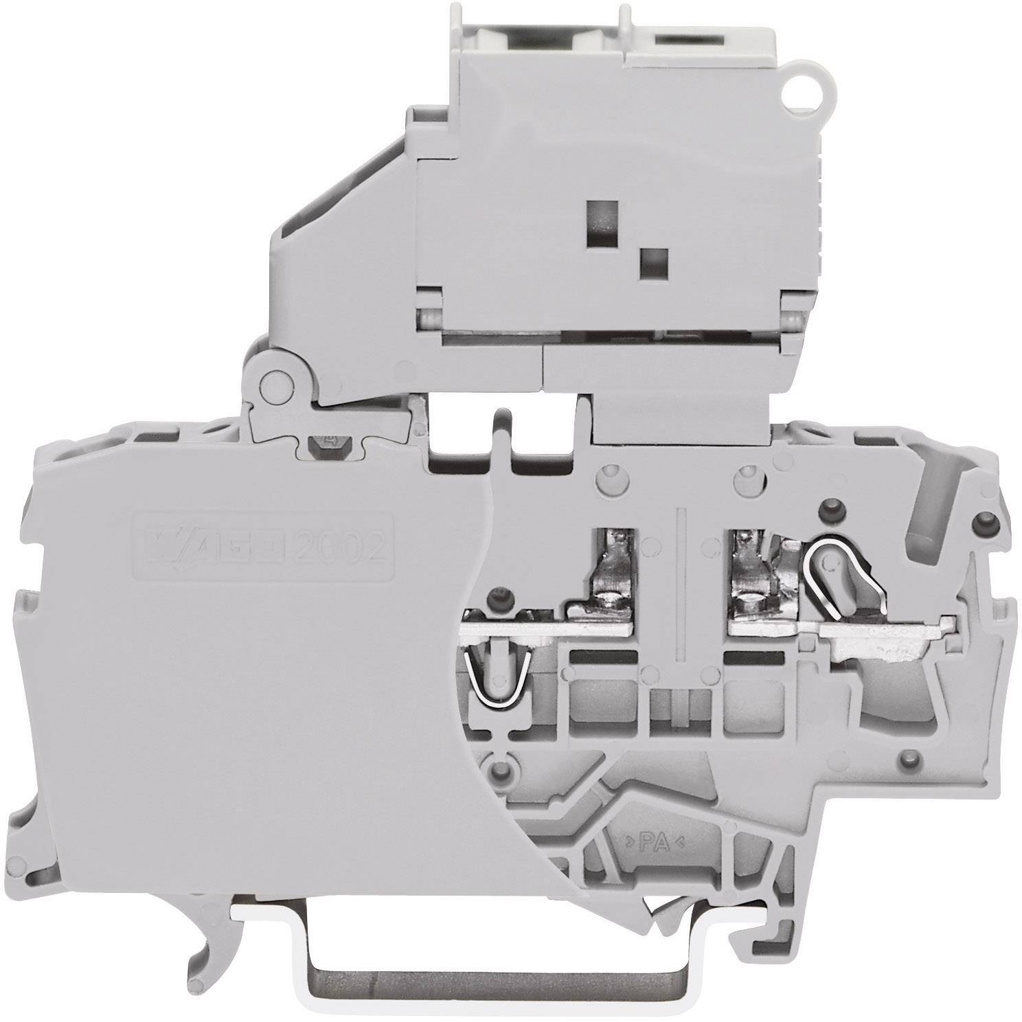 Barrette de jonction grise à deux étages pour montage sur rail DIN, présentant des contacts métalliques internes et des raccordements accessibles latéralement pour les câbles.