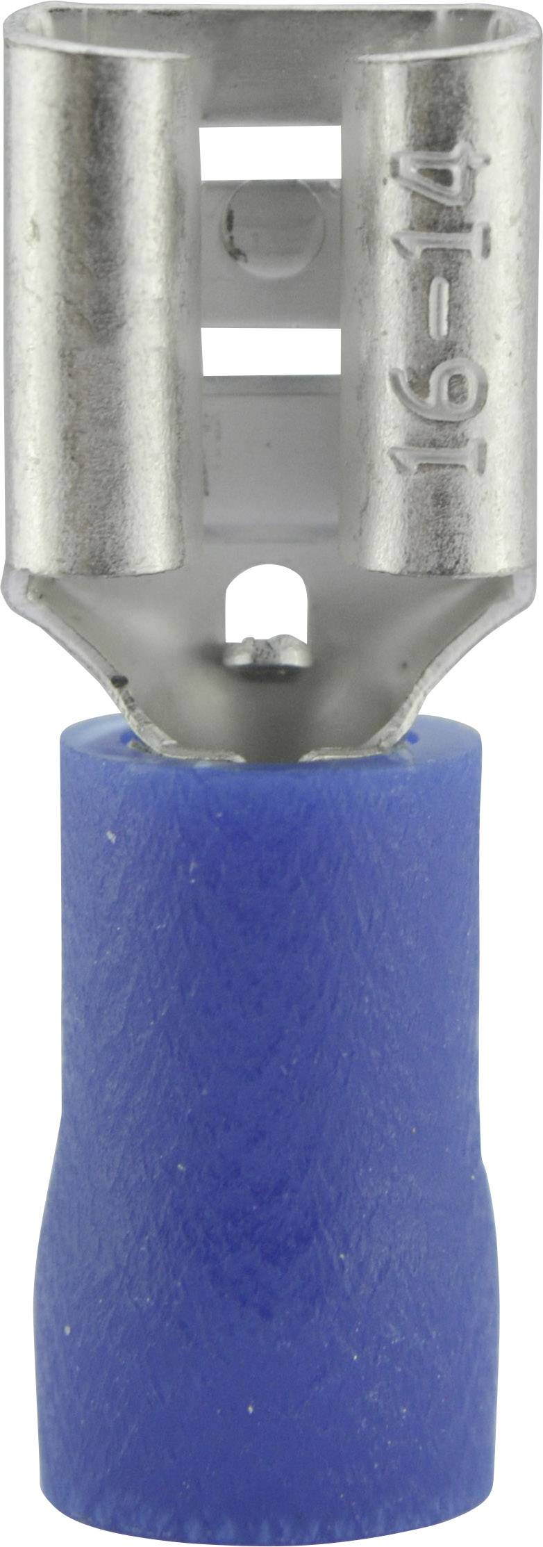 Un connecteur isolé bleu avec contact métallique pour câbles de calibre 16-14 AWG. Partie supérieure en métal visible.