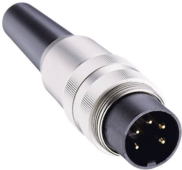 Une fiche noire à cinq broches avec boîtier métallique, utilisée pour les connexions électriques.