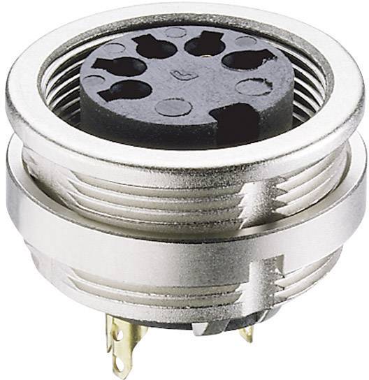 Connecteur électrique circulaire à broches multiples, entouré d'un boîtier métallique.
