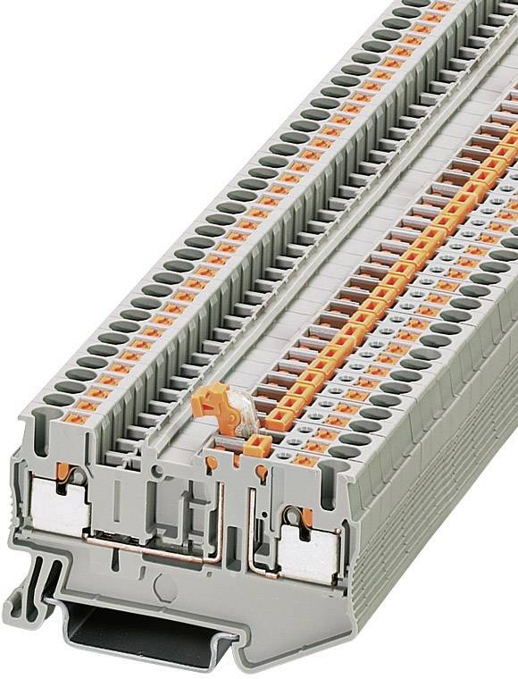 Bloc de bornes gris avec leviers oranges, adapté pour le câblage électrique ; présente plusieurs connexions et bornes.