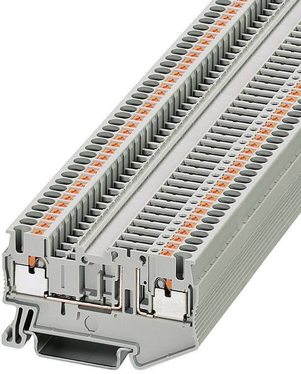 Barrette de raccordement grise à plusieurs points de connexion, adaptée au montage sur rails de support dans les armoires électriques.