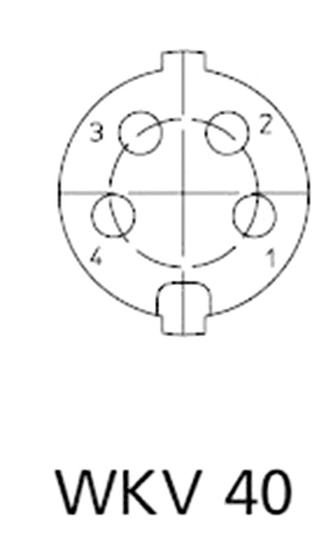 Dessin technique d'un connecteur rond à quatre broches numérotées (1 à 4) avec l'inscription 'WKV 40' en dessous.