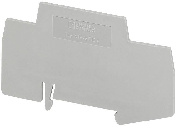 Couverture grise en plastique portant l'inscription 'PHOENIX CONTACT Type ATP-STTB 4'. Utilisée pour protéger les blocs de bornes électriques.