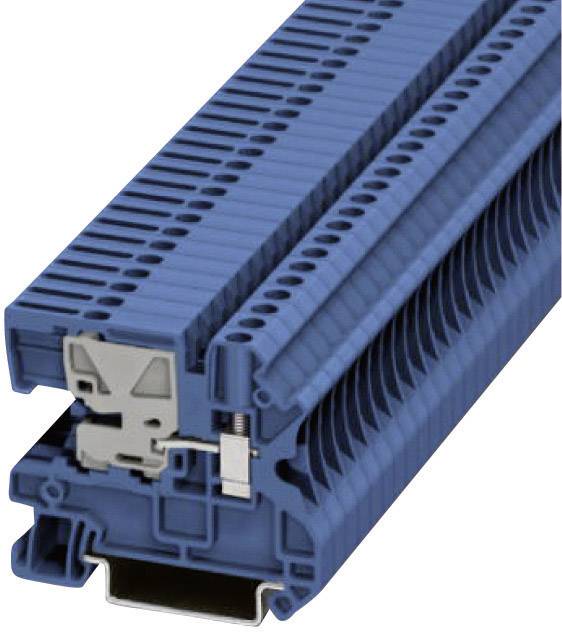 Bloc de bornes à rangée bleue, présenté fermé, avec connexion latérale par vis. Adapté pour le montage sur rail de support.