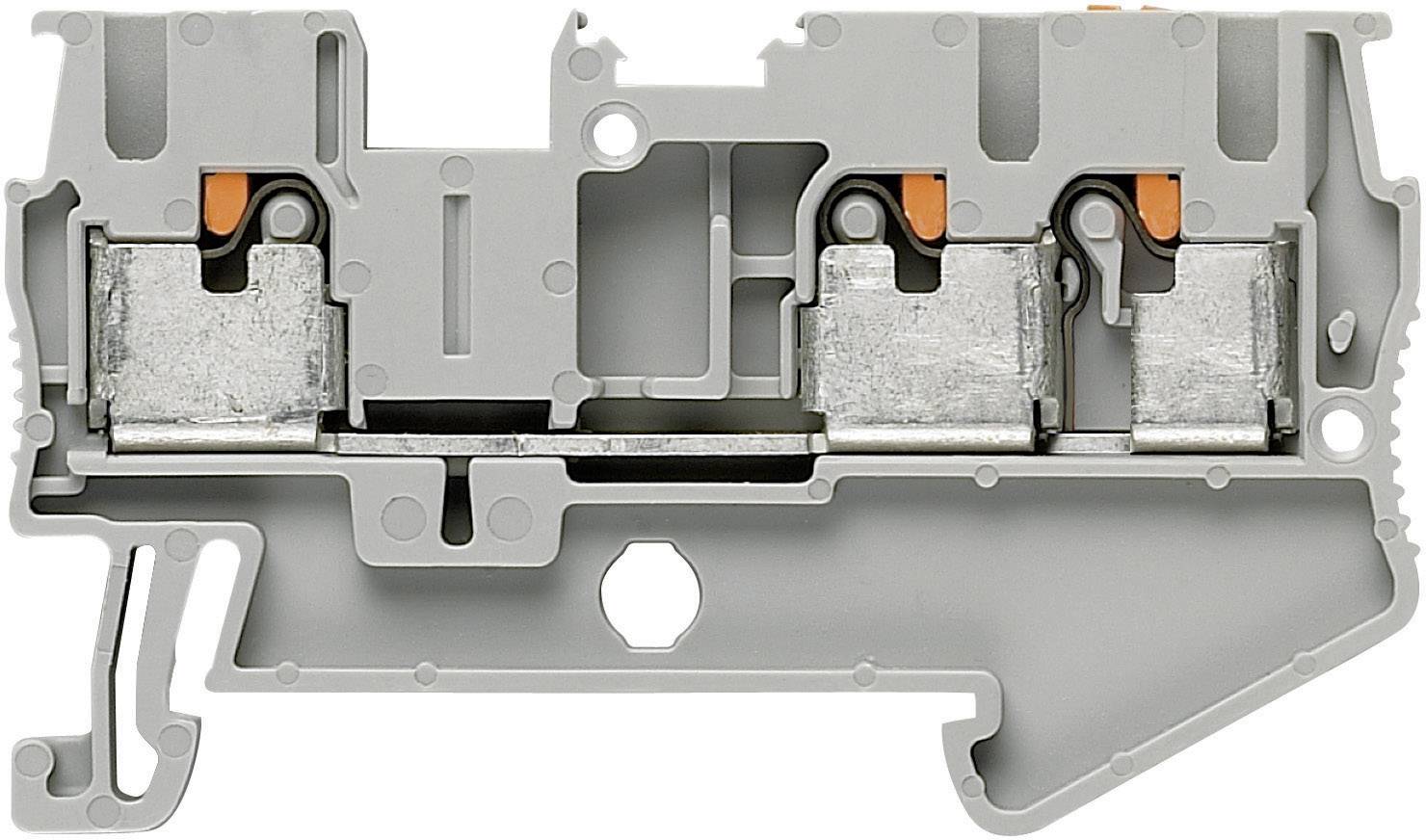 Borne électrique grise avec ressorts métalliques, adaptée pour la connexion de fils dans un coffret électrique.