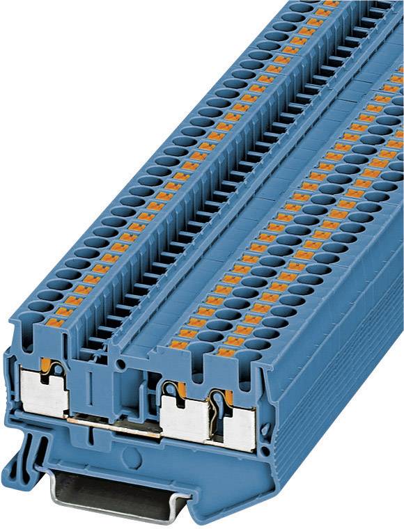 Connecteur électrique bleu avec plusieurs bornes de raccordement orange disposées en deux rangées. Contexte industriel ou électrique.